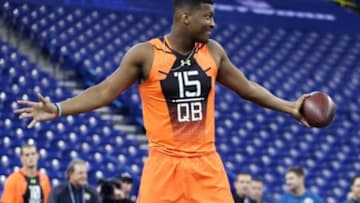 Feb 21, 2015; Indianapolis, IN, USA; Florida State Seminoles quarterback Jameis Winston reacts during the 2015 NFL Combine at Lucas Oil Stadium. Mandatory Credit: Brian Spurlock-USA TODAY Sports