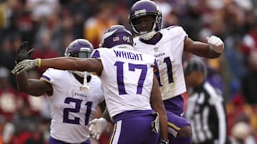 LANDOVER, MD - NOVEMBER 12: Wide receiver Jarius Wright #17 of the Minnesota Vikings celebrates with teammates after a touchdown during the third quarter against the Washington Redskins at FedExField on November 12, 2017 in Landover, Maryland. (Photo by Patrick Smith/Getty Images)