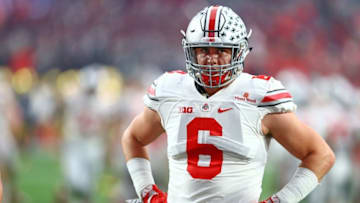 Jan 1, 2016; Glendale, AZ, USA; Ohio State Buckeyes defensive end Sam Hubbard (6) against the Notre Dame Fighting Irish during the 2016 Fiesta Bowl at University of Phoenix Stadium. The Buckeyes defeated the Fighting Irish 44-28. Mandatory Credit: Mark J. Rebilas-USA TODAY Sports