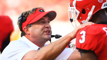 ATHENS, GA - SEPTEMBER 29: Head Coach Kirby Smart of the Georgia Bulldogs discusses a play with Tyson Campbell #3 during the game against the Tennessee Volunteers on September 29, 2018 at Sanford Stadium in Athens, Georgia. (Photo by Scott Cunningham/Getty Images)