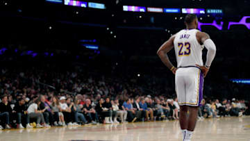 LOS ANGELES, CALIFORNIA - NOVEMBER 10: LeBron James #23 of the Los Angeles Lakers waits during the game against the Toronto Raptors at Staples Center on November 10, 2019 in Los Angeles, California. NOTE TO USER: User expressly acknowledges and agrees that, by downloading and/or using this photograph, user is consenting to the terms and conditions of the Getty Images License Agreement. (Photo by Harry How/Getty Images)
