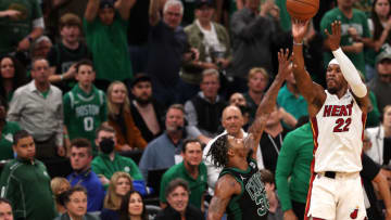 Jimmy Butler #22 of the Miami Heat shoots a three point basket against Marcus Smart #36 of the Boston Celtics(Photo by Maddie Meyer/Getty Images)