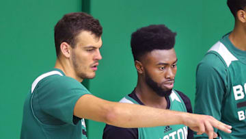 WALTHAM, MA - JUNE 30: Ante Zizic, left, and Jaylen Brown are pictured during the Boston Celtics' summer league at the Celtics practice facility in Waltham, MA on Jun. 30, 2017. (Photo by John Tlumacki/The Boston Globe via Getty Images)