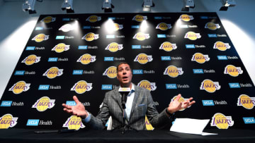 EL SEGUNDO, CA - SEPTEMBER 25: Rob Pelinka, General Manager of Los Angeles Lakers, speaks during Los Angeles Lakers Media Day September 25, 2017, in El Segundo, California. NOTE TO USER: User expressly acknowledges and agrees that, by downloading and/or using this photograph, user is consenting to the terms and conditions of the Getty Images License Agreement. (Photo by Kevork Djansezian/Getty Images)