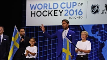 TORONTO, ON - SEPTEMBER 9: Henrik Lundqvist of Team Sweden is introduced during the World Cup of Hockey Media Event on September 9, 2015 at Air Canada Centre in Toronto, Ontario, Canada. (Photo by Graig Abel/NHLI via Getty Images)
