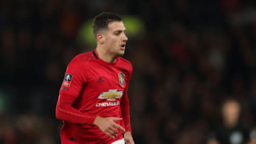 DERBY, ENGLAND - MARCH 05: Diogo Dalot of Manchester United during the FA Cup Fifth Round match between Derby County and Manchester United at Pride Park on March 5, 2020 in Derby, England. (Photo by James Williamson - AMA/Getty Images)
