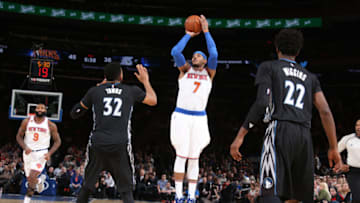 NEW YORK, NY - DECEMBER 2: Carmelo Anthony #7 of the New York Knicks shoots the ball during a game against the Minnesota Timberwolves on December 2, 2016 at Madison Square Garden in New York City, New York. NOTE TO USER: User expressly acknowledges and agrees that, by downloading and/or using this photograph, user is consenting to the terms and conditions of the Getty Images License Agreement. Mandatory Copyright Notice: Copyright 2016 NBAE (Photo by Nathaniel S. Butler/NBAE via Getty Images)