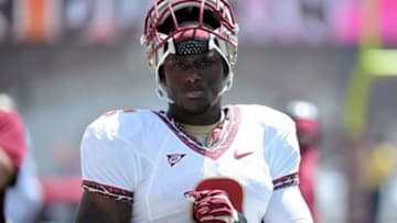 April 13, 2013; Tallahassee, FL, USA; Florida State Seminoles defensive back Karlos Williams (9) before the start of the spring game at Doak Campbell Stadium. Mandatory Credit: Melina Vastola-USA TODAY Sports