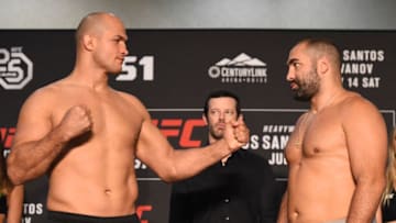 BOISE, ID - JULY 13: (L-R) Opponents Junior Dos Santos of Brazil and Blagoy Ivanov face off during the UFC Fight Night weigh-in at The Grove Hotel on July 13, 2018 in Boise, Idaho. (Photo by Josh Hedges/Zuffa LLC)