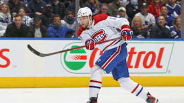 TORONTO, ON - APRIL 9: Josh Anderson #17 of the Montreal Canadiens fires a shot against the Toronto Maple Leafs during an NHL game at Scotiabank Arena on April 9, 2022 in Toronto, Ontario, Canada. The Maple Leafs defeated the Canadiens 3-2.(Photo by Claus Andersen/Getty Images)