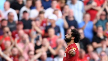 LIVERPOOL, ENGLAND - AUGUST 24: Mohamed Salah of Liverpool celebrates after scoring his team's second goal during the Premier League match between Liverpool FC and Arsenal FC at Anfield on August 24, 2019 in Liverpool, United Kingdom. (Photo by Laurence Griffiths/Getty Images)
