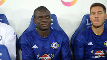 LEICESTER, ENGLAND - SEPTEMBER 20 : N'Golo Kante and Eden Hazard of Chelsea on the bench at King Power Stadium ahead of the EFL third round cup match between Leicester City and Chelsea at the King Power Stadium on September 20th , 2016 in Leicester, United Kingdom. (Photo by Plumb Images/Leicester City FC via Getty Images)