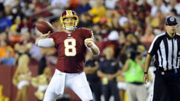 Aug 19, 2013; Landover, MD, USA; Washington Redskins quarterback Rex Grossman (8) throws a pass during the first half against the Pittsburgh Steelers at FedEX Field. Mandatory Credit: Brad Mills-USA TODAY Sports