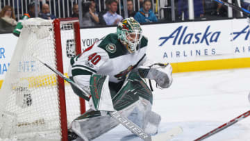 SAN JOSE, CA - JANUARY 05: Devan Dubnyk #40 of the Minnesota Wild defends the net against the San Jose Sharks at SAP Center on January 5, 2017 in San Jose, California. (Photo by Rocky W. Widner/NHL/Getty Images)