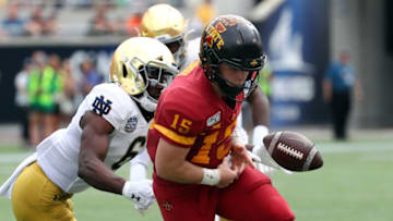 Dec 28, 2019; Orlando, Florida, USA; Notre Dame Fighting Irish linebacker Jeremiah Owusu-Koramoah (6) forces Iowa State Cyclones quarterback Brock Purdy (15) to fumble to ball during the first quarter at Camping World Stadium. Mandatory Credit: Kim Klement-USA TODAY Sports