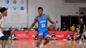 LAS VEGAS, NV - JULY 7: Hamidou Diallo #22 of the Oklahoma City Thunder handles the ball against the Brooklyn Nets during the 2018 Las Vegas Summer League on July 7, 2018 at the Cox Pavilion in Las Vegas, Nevada. NOTE TO USER: User expressly acknowledges and agrees that, by downloading and/or using this Photograph, user is consenting to the terms and conditions of the Getty Images License Agreement. Mandatory Copyright Notice: Copyright 2018 NBAE (Photo by David Dow/NBAE via Getty Images)