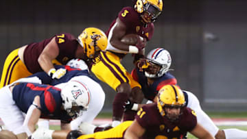 Dec 11, 2020; Tucson, Arizona, USA; Arizona State Sun Devils running back Rachaad White (3) runs the ball against the Arizona Wildcats during the Territorial Cup at Arizona Stadium. Mandatory Credit: Mark J. Rebilas-USA TODAY Sports