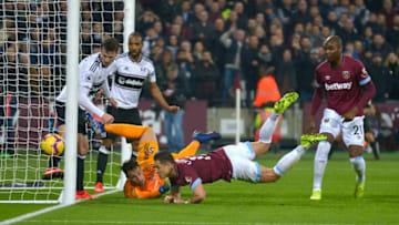 LONDON, ENGLAND - FEBRUARY 22: Javier Hernandez of West Ham United scores an equalising goal during the Premier League match between West Ham United and Fulham FC at London Stadium on February 22, 2019 in London, United Kingdom. (Photo by James Griffiths/West Ham United via Getty Images)