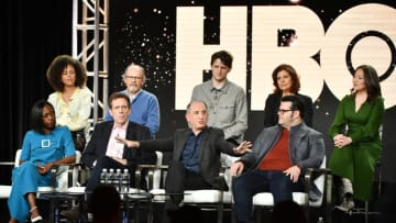 PASADENA, CALIFORNIA - JANUARY 15: (L-R, top row) Lenora Crichlow, Ethan Phillips, Zachary Woods, Rebecca Front, Suzy Nakamura (bottom row) Nikki Amuka-Bird, Hugh Laurie, executive producer Armando Iannucci and Josh Gad of "Avenue 5" speak during the HBO segment of the 2020 Winter TCA Press Tour at The Langham Huntington, Pasadena on January 15, 2020 in Pasadena, California. (Photo by Amy Sussman/Getty Images)