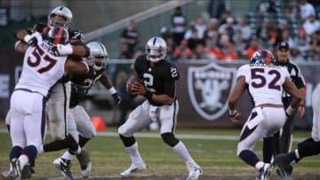 Dec 29, 2013; Oakland, CA, USA; Oakland Raiders quarterback Terrelle Pryor (2) controls the ball against the Denver Broncos during the fourth quarter at O.co Coliseum. The Denver Broncos defeated the Oakland Raiders 34-14. Mandatory Credit: Kelley L Cox-USA TODAY Sports