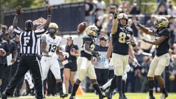 WEST LAFAYETTE, IN - SEPTEMBER 07: Payne Durham #87 of the Purdue Boilermakers signals a first down after a reception during the game against the Vanderbilt Commodores at Ross-Ade Stadium on September 7, 2019 in West Lafayette, Indiana. (Photo by Michael Hickey/Getty Images)