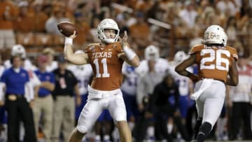 AUSTIN, TX - AUGUST 31: Sam Ehlinger #11 of the Texas Longhorns throws a pass in the third quarter against the Louisiana Tech Bulldogs at Darrell K Royal-Texas Memorial Stadium on August 31, 2019 in Austin, Texas. (Photo by Tim Warner/Getty Images)