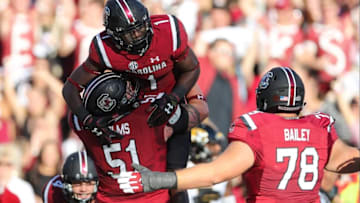 Nov 5, 2016; Columbia, SC, USA; South Carolina Gamecocks wide receiver Deebo Samuel (1) celebrates his touchdown with teammates in the end zone against the Missouri Tigers at Williams-Brice Stadium. Mandatory Credit: Jim Dedmon-USA TODAY Sports