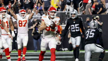LAS VEGAS, NEVADA - NOVEMBER 14: Noah Gray #83 of the Kansas City Chiefs catches the ball for a touchdown during the second half in the game against the Las Vegas Raiders at Allegiant Stadium on November 14, 2021 in Las Vegas, Nevada. (Photo by Sean M. Haffey/Getty Images)