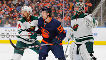 Edmonton Oilers forward Kailer Yamamoto, #56, battles in front of the net. Mandatory Credit: Perry Nelson-USA TODAY Sports