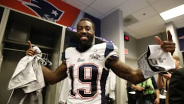 Feb 1, 2015; Glendale, AZ, USA; New England Patriots wide receiver Brandon LaFell (19) celebrate in the locker room after beating the Seattle Seahawks in Super Bowl XLIX at University of Phoenix Stadium. Mandatory Credit: Mark J. Rebilas-USA TODAY Sports