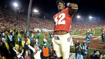 Jan 6, 2014; Pasadena, CA, USA; Florida State Seminoles running back James Wilder Jr. (32) celebrates after the 2014 BCS National Championship game against the Auburn Tigers at the Rose Bowl. Mandatory Credit: Jayne Kamin-Oncea-USA TODAY Sports