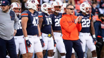 Auburn football head coach Bryan Harsin during warm ups before Auburn Tigers take on Alabama Crimson Tide at Jordan-Hare Stadium in Auburn, Ala., on Saturday, Nov. 27, 2021.