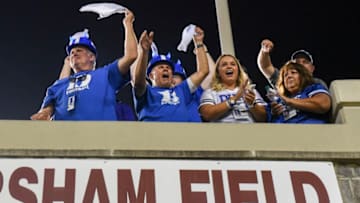 BLACKSBURG, VA - SEPTEMBER 27: Fans of the Duke Blue Devils celebrate following the victory against the Virginia Tech Hokies at Lane Stadium on September 27, 2019 in Blacksburg, Virginia. (Photo by Michael Shroyer/Getty Images)