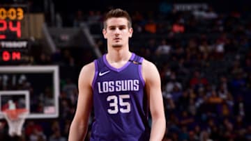 PHOENIX, AZ - JANUARY 26: Dragan Bender #35 of the Phoenix Suns looks on during the game against the New York Knicks on January 26, 2018 at Talking Stick Resort Arena in Phoenix, Arizona. NOTE TO USER: User expressly acknowledges and agrees that, by downloading and or using this photograph, user is consenting to the terms and conditions of the Getty Images License Agreement. Mandatory Copyright Notice: Copyright 2018 NBAE (Photo by Michael Gonzales/NBAE via Getty Images)