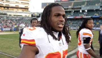 Dec 15, 2013; Oakland, CA, USA; Kansas City Chiefs running back Jamaal Charles (25) reacts at the end of the game against the Oakland Raiders at O.co Coliseum. The Chiefs defeated the Raiders 56-31. Mandatory Credit: Kirby Lee-USA TODAY Sports