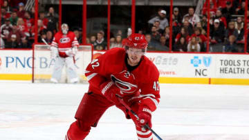 RALEIGH, NC - DECEMBER 30: Joakim Nordstrom #42 of the Carolina Hurricanes controls the puck on the ice during an NHL game against the Chicago Blackhawks on December 30, 2016 at PNC Arena in Raleigh, North Carolina. (Photo by Gregg Forwerck/NHLI via Getty Images)