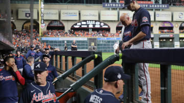 HOUSTON, TEXAS - OCTOBER 26: Charlie Morton #50 of the Atlanta Braves leaves the game after an injury in the third inning against the Houston Astros in Game One of the World Series at Minute Maid Park on October 26, 2021 in Houston, Texas. (Photo by Elsa/Getty Images)