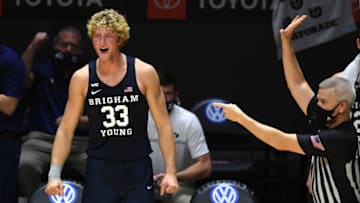 Dec 18, 2020; San Diego, California, USA; Brigham Young Cougars forward Caleb Lohner (33) reacts from the bench during the second half against the San Diego State Aztecs at Viejas Arena. Mandatory Credit: Orlando Ramirez-USA TODAY Sports