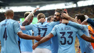 LONDON, ENGLAND - MAY 18: Kevin De Bruyne of Manchester City celebrates with teammates after scoring his team's third goal during the FA Cup Final match between Manchester City and Watford at Wembley Stadium on May 18, 2019 in London, England. (Photo by Alex Morton/Getty Images)