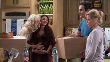 MODERN FAMILY - "Blasts from the Past" - Phil and Claire decide to take a cycling tour through Italy before they become grandparents, and Dylan (guest star Reid Ewing) introduces them to his mom who has an interesting past. Meanwhile, Cameron and Mitchell discover some interesting reading material in Lily's room and decide to confront her about it, while Gloria and Jay discover their respective great uncles may have fought on opposing sides of a war, on "Modern Family," WEDNESDAY, JAN. 16 (9:00-9:31 p.m. EST), on The ABC Television Network. (Eric McCandless/ABC via Getty Images)RACHEL BAY JONES, SARAH HYLAND, TY BURRELL, JULIE BOWEN