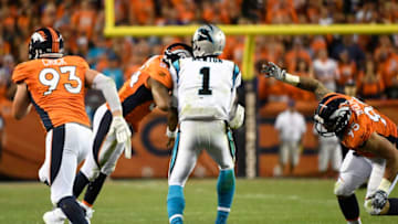 DENVER, CO - SEPTEMBER 08: Brandon Marshall (54) of the Denver Broncos lines up Cam Newton (1) of the Carolina Panthers after he dumps pass to Jonathan Stewart (28) during the third quarter. The Denver Broncos hosted the Carolina Panthers on Thursday, September 8, 2016. (Photo by Joe Amon/The Denver Post via Getty Images)