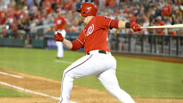 WASHINGTON, DC - JULY 07: Washington Nationals first baseman Mark Reynolds (14) hits an RBI single in the seventh inning during the game between the Miami Marlins and the Washington Nationals on July 7, 2018, at Nationals Park, in Washington D.C. The Washington Nationals defeated the Miami Marlins, 18-4, (Photo by Mark Goldman/Icon Sportswire via Getty Images)