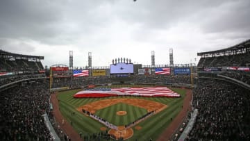 Apr 8, 2016; Chicago, IL, USA; A general shot during the national anthem and a US Navy flyover prior to a game between the Chicago White Sox and the Cleveland Indians at U.S. Cellular Field. Mandatory Credit: Dennis Wierzbicki-USA TODAY Sports