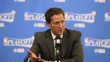 SALT LAKE CITY, UT - MAY 8: Head Coach Quin Snyder of the Utah Jazz speaks to the media after Game Four of the Western Conference Semifinals of the 2017 NBA Playoffs on May 8, 2017 at vivint.SmartHome Arena in Salt Lake City, Utah. Copyright 2017 NBAE (Photo by Melissa Majchrzak/NBAE via Getty Images)
