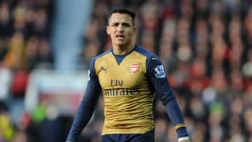 MANCHESTER, ENGLAND - FEBRUARY 28: Alexis Sanchez of Arsenal during the Barclays Premier League match between Manchester United and Arsenal at Old Trafford on February 28, 2016 in Manchester, England. (Photo by Stuart MacFarlane/Arsenal FC via Getty Images)
