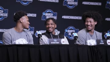 Arkansas Basketball; March 23, 2022; San Francisco, CA, USA; Arkansas Razorbacks guard Au'Diese Toney (5), guard JD Notae (1), and forward Jaylin Williams (10) address the media in a press conference during practice day of the NCAA Tournament West Regional at Chase Center. (Kelley L Cox-USA TODAY Sports)