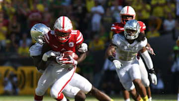 EUGENE, OR - SEPTEMBER 09: University of Nebraska WR JD Spielman (10) runs after a catch during a college football game between the Nebraska Cornhuskers and Oregon Ducks on September 9, 2017, at Autzen Stadium in Eugene, OR. (Photo by Brian Murphy/Icon Sportswire via Getty Images)