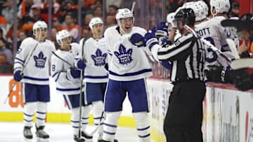 PHILADELPHIA, PA - JANUARY 18: Frederik Gauthier #33 of the Toronto Maple Leafs celebrates his goal against the Philadelphia Flyers during the second period at Wells Fargo Center on January 18, 2018 in Philadelphia, Pennsylvania. (Photo by Patrick Smith/Getty Images)
