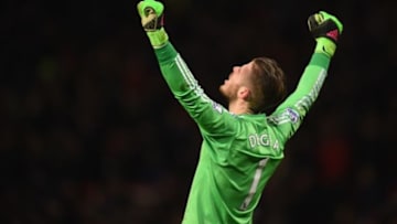 MANCHESTER, ENGLAND - MARCH 02: David De Gea of Manchester United celebrates the opening goal scored by Juan Mata (not pictured) during the Barclays Premier League match between Manchester United and Watford at Old Trafford on March 2, 2016 in Manchester, England. (Photo by Laurence Griffiths/Getty Images)