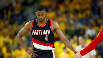 OAKLAND, CA - MAY 01: Maurice Harkless #4 of the Portland Trail Blazers walks back to the bench during a time out of their game against the Golden State Warriors during Game One of the Western Conference Semifinals for the 2016 NBA Playoffs at ORACLE Arena on May 01, 2016 in Oakland, California. NOTE TO USER: User expressly acknowledges and agrees that, by downloading and or using this photograph, User is consenting to the terms and conditions of the Getty Images License Agreement. (Photo by Ezra Shaw/Getty Images)